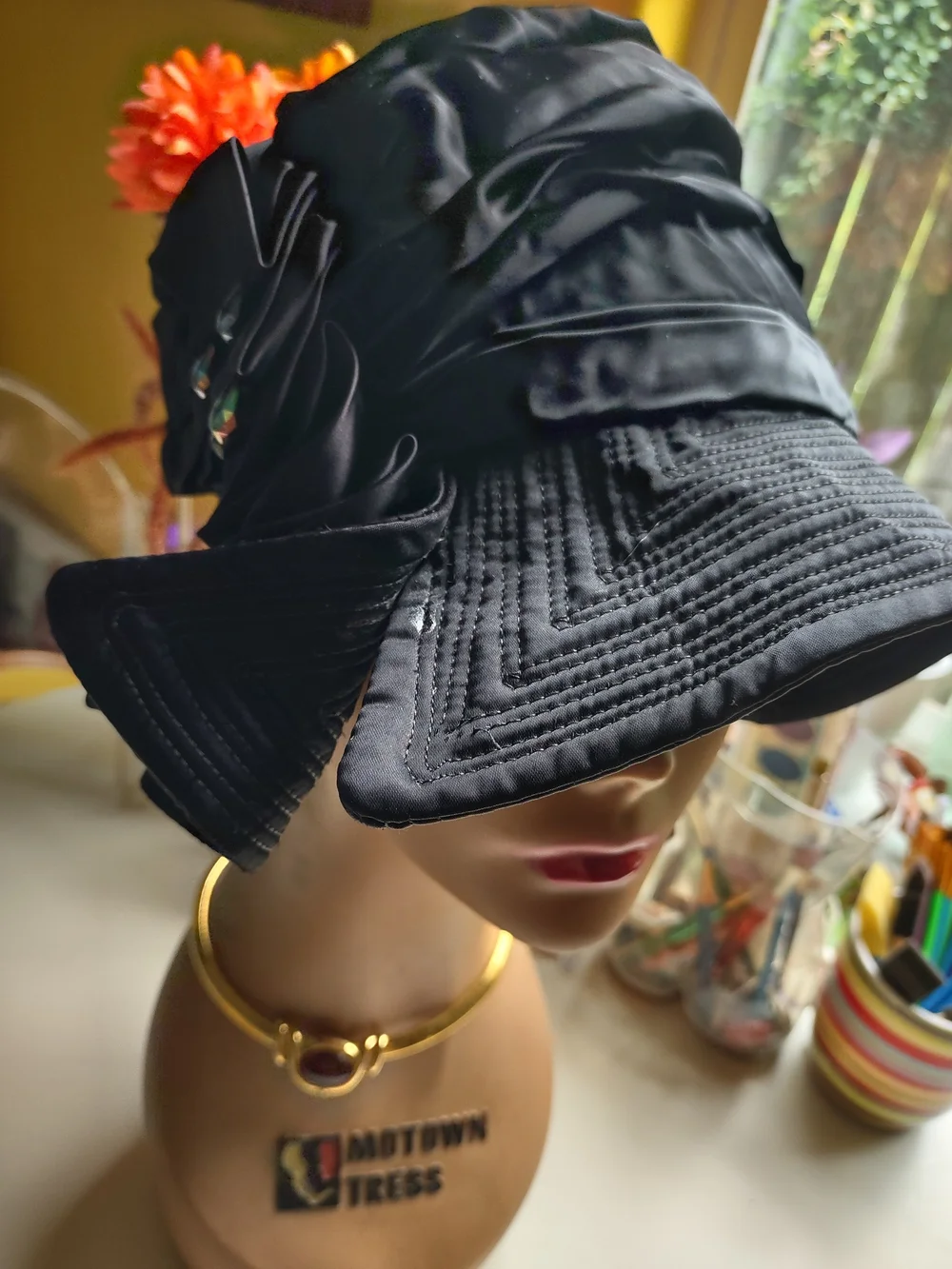 Charo Original Vintage Satin Fabric Brim Hat with Pleating and Iridescent Beads